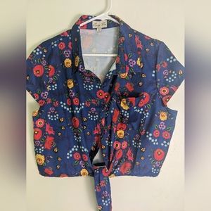 Lindy Bop button up tie front crop top Size US14 Blue floral printp